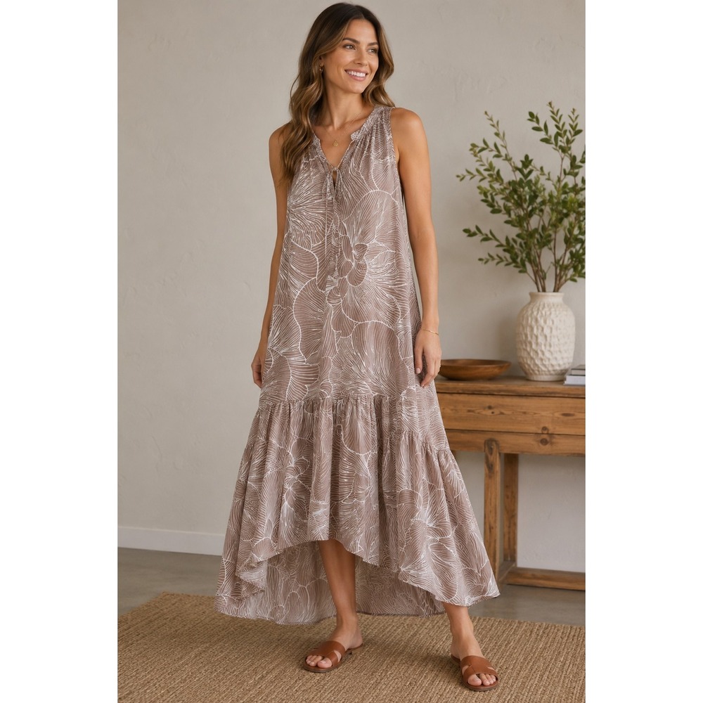 Prologue Tiered Maxi Dress Medium Taupe Floral Sleeveless Boho Hi-Low‎ Flowy M